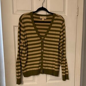 Michael Kors Light Olive and Gold Striped V-Neck Cardigan